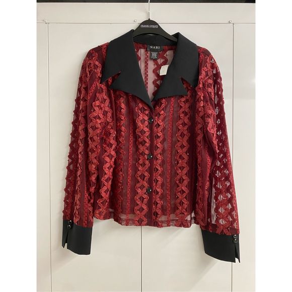 Nabi Sheer Dress Burgundy/Black Coller Blazer Blouse Size Large, MSRP $125 - Picture 1 of 6